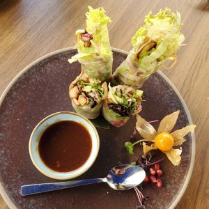 #20 Goi Cuon Summer Rolls with choice C for Sauteed Mushrooms.  ORDER THESE, Excellent! Request a different sauce if you don’t want a peanutty sauce (they have a soy lime dressin at Ha Veggie - Isarvorstad in Munich
