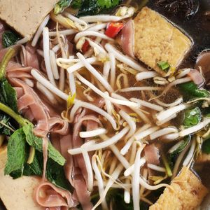#3 #4 Pho Chay. This broth is both very star anise aromatic and very cinnamon-y. Like most vegan Pho, it leads with mock meats and they give some fresh bean sprouts, herbs & chilis at Ha Veggie - Isarvorstad in Munich