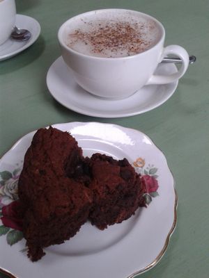 Vegan chocolate courgette cake, and almond milk hot chocolate at The Hub at Healthy Spirit in Manchester