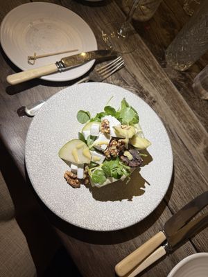 Pear and walnut salad with vg feta  at Lord Crewe Arms Hotel  in Consett