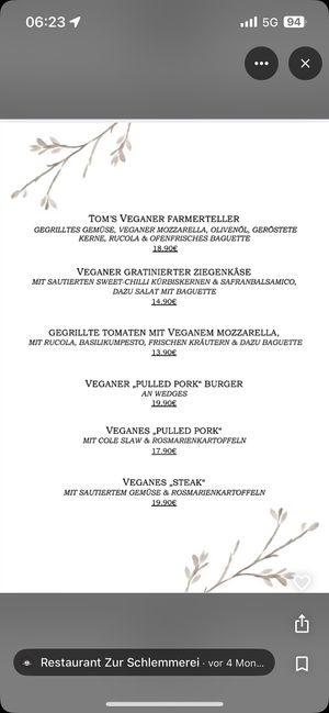 Vegane Speisekarte  at Zur Schlemmerei in Bad Langensalza