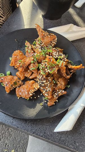 Orange "pollo" at Vegan Ramen Mei - Polanco in Mexico City
