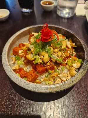Sticky tofu, cashew & rice bowl  at OKA - Notting Hill in West London