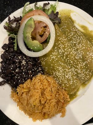 vegan enchilladas w salsa verde  at Adelitas Taqueria in San Jose