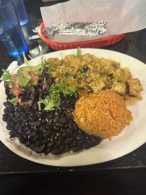 Tofu plate with corn tortillas   at Adelitas Taqueria in San Jose