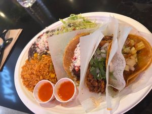 TACO PLATTER - 3 tacos plus beans and rice

AL PASTOR 
Seitan, achiote, cilantro-lime dressing, pineapple, pico, salsa morita

CHORIZO
Soy chorizo, pico, queso fresco GF

B at Tacotarian - Miracle Mile in Las Vegas