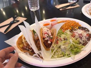 TACO PLATTER - 3 tacos plus beans and rice 

GABACHO
Seasoned Beyond™ beef, lettuce, cheddar, crema, pico, crunchy corn tortilla GF
CHORIZO
Soy chorizo, pico, queso fresco G at Tacotarian - Miracle Mile in Las Vegas