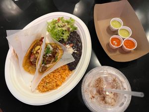 Taco platter with horchata at Tacotarian - Miracle Mile in Las Vegas