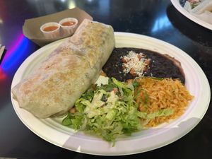 Cali burrito (chorizo) with beans, rice, salad, and hot sauce   at Tacotarian - Miracle Mile in Las Vegas