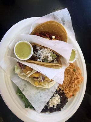 Mixed taco platter (Asada, Pastor and fish tacos)  at Tacotarian - Miracle Mile in Las Vegas