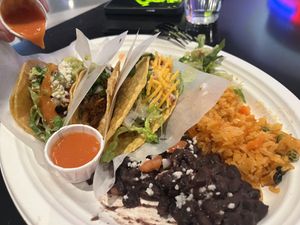 Taco platter - three tacos (your choice) beans and rice.  at Tacotarian - Miracle Mile in Las Vegas