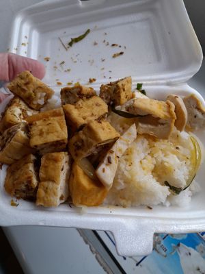 My take away vegan food. 2 types of tofu and rice at Cơm Chay 12k in Ho Chi Minh City