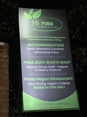 Vegan restaurant sign  at Hi-Pima Boutique Hotel in Kigali