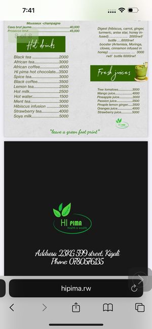 Regular menu  at Hi-Pima Boutique Hotel in Kigali