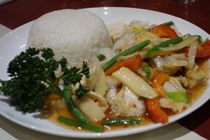 V12 Tofu Kanton (with various vegetables in Kanton sauce, spicy) (vegan) at Hongkong Imbiss in Saarbrucken