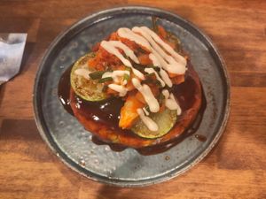 Vegan & Gluten-Free Okonomiyaki with Zucchini and Homemade Kimchi at Gluten-Free & Vegan OKONOMIYAK Vim in Osaka