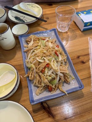 Fried local tofu with vegetables   at Home Cooking Place - 闲来私房菜 in Yangshuo