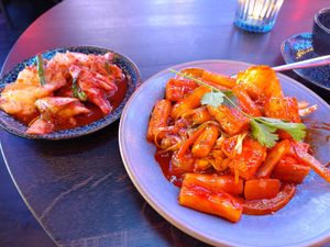 Veganized tteokbokki and side of kimchi (which might not have been vegan, it was unclear) at Gyojasang in Brussels