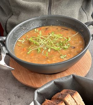 Linseneintopf mit Brot (Lentil stew with bread)  at Gampenalpe in Ischgl