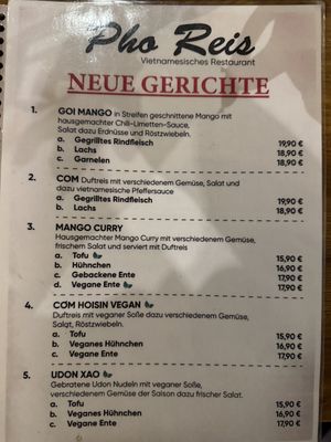 Menu (New Dishes, mostly vegan).  at Pho Reis in Berlin
