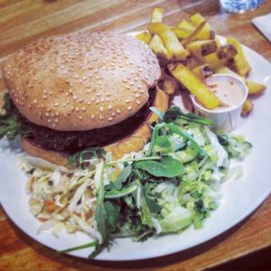 Burger at the restaurant at Just Vege in Helsinki