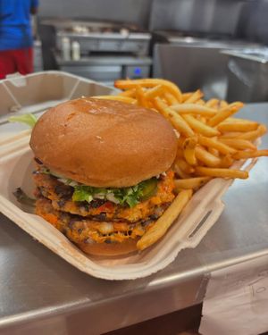 Beyond patty burger with fresh fries. at Farm Burger in Memphis