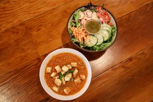 Our Garden Salad and House Tomato Soup. at Farm Burger in Memphis
