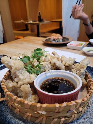 Crispy king oyster mushroom tempura with a vinegar dipping sauce at Umi in Edinburgh