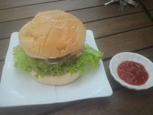 Hamburger $1,5 deeelicious at CHI IN Healthy Vegetarian Restaurant in Sihanoukville