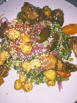buffalo fried tofu salad.  at Sneaky Pickle & Bar Brine in New Orleans
