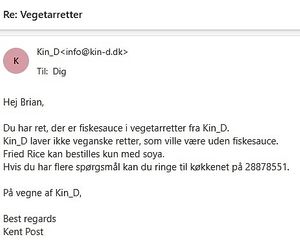 Email from the store owner (in Danish) saying that none of their dishes are vegan. at Kin_d Thai in Fredericia