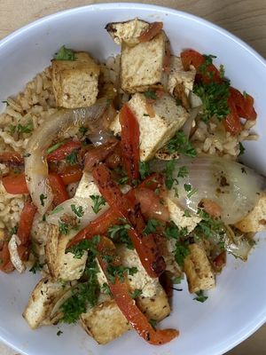Grilled tofu and veggies over rice  at Design Innovation Hub Dining  in Kent