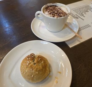Nice BBQ char siew bun and Macchiato at Dim Sum & Mini Hot Pot by Cookie & Coffee in Central Singapore