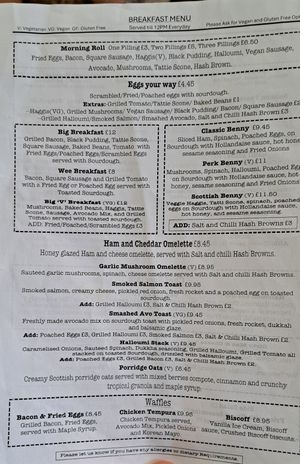 Breakfast menu (March 2025) at PERK in Largs