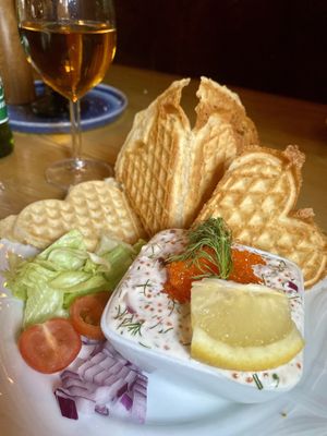 Savoury waffle “Skagen” with tofu and vegan caviarr  at Joängets Våffelstuga in Saelen