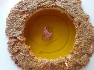 Pumpkin and light miso soup, scallion, flaxseed cracker. at Hungry Buddha - Maybe closed in Shaxi