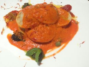 Zucchini and Jasmine tea ravioli with bell pepper foam at Hungry Buddha - Maybe closed in Shaxi