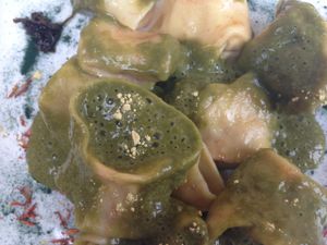 Chinese yam and pollen pini in vegan ravioli with spinach and spirulina foam, at Hungry Buddha - Maybe closed in Shaxi