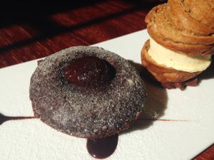 Valrhona chocolate cake, choux with banana and lime parfait  at Hungry Buddha - Maybe closed in Shaxi
