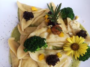 vegan ravioli filled with barley and pumpkin on broccoli foam at Hungry Buddha - Maybe closed in Shaxi
