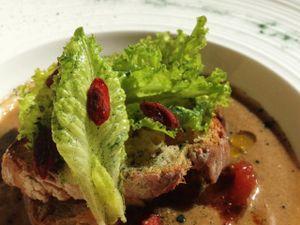 Tomato gazpacho twisted with spirulina and goji berries at Hungry Buddha - Maybe closed in Shaxi