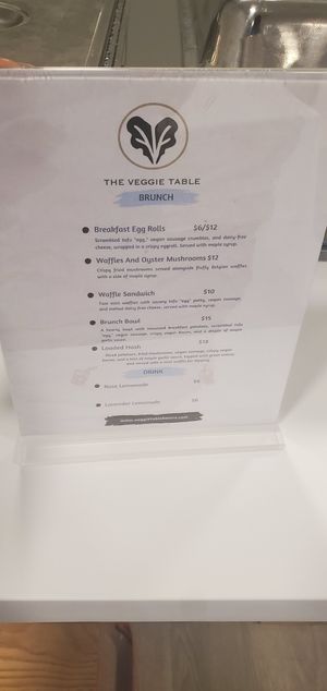 Menu at The Veggie Table in Baltimore