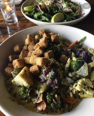 GREEN COCONUT CURRY
Green curry | vegetable mélange | organic brown rice (added cornmeal crusted organic tofu for an additional charge)  at French Meadow Bakery & Cafe in Minneapolis