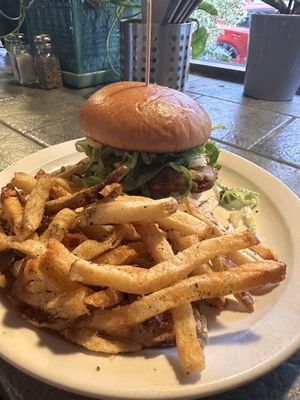 Chicken sandwich with side of fries   at French Meadow Bakery & Cafe in Minneapolis