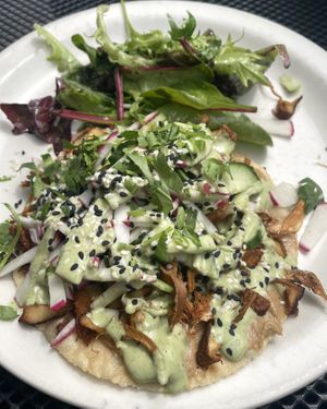 Wild Mushroom Tostada 💚  at French Meadow Bakery & Cafe in Minneapolis