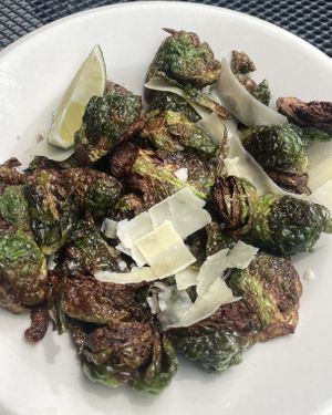 Crispy Brussel Sprouts (sub vegan parm) 💚  at French Meadow Bakery & Cafe in Minneapolis