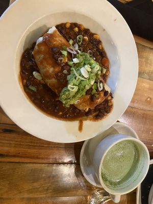 Vegan burrito and matcha latte  at French Meadow Bakery & Cafe in Minneapolis