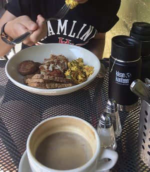 Vegan breakfast and almond milk latte at French Meadow Bakery & Cafe in Minneapolis