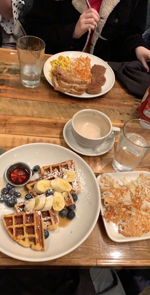 Vegan corn waffle subbed with blueberries and maple syrup at French Meadow Bakery & Cafe in Minneapolis