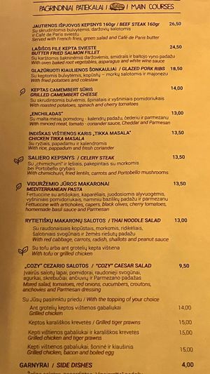 Menu (March 2025) at Cozy in Vilnius